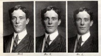 Three black-and-white portrait photos of the same man in a suit, labeled No. 1, No. 2, and No. 3, displaying different facial expressions.