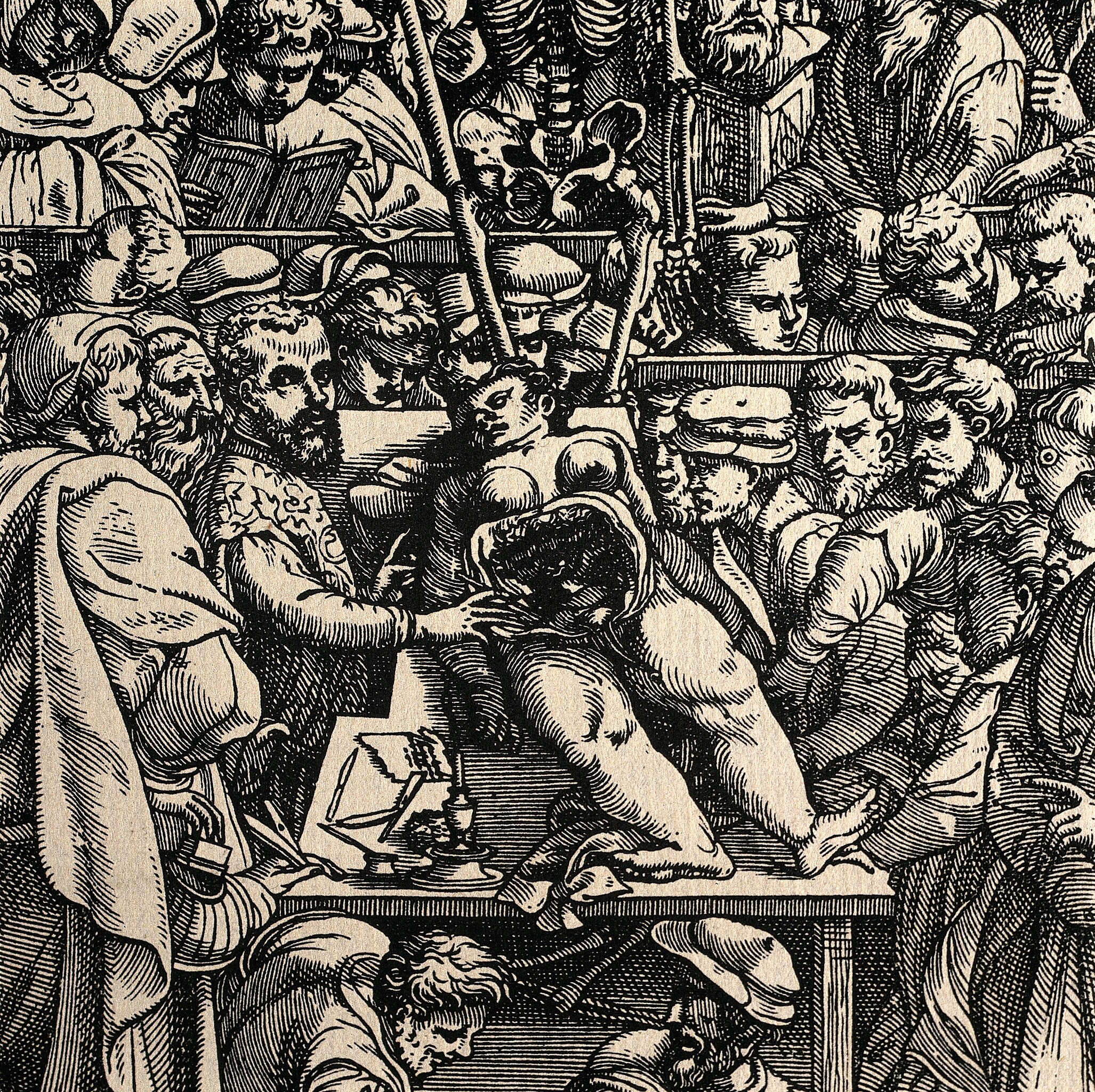 A detailed woodcut illustration depicts a public anatomical dissection, with a crowd of people observing a body laid out on a table.