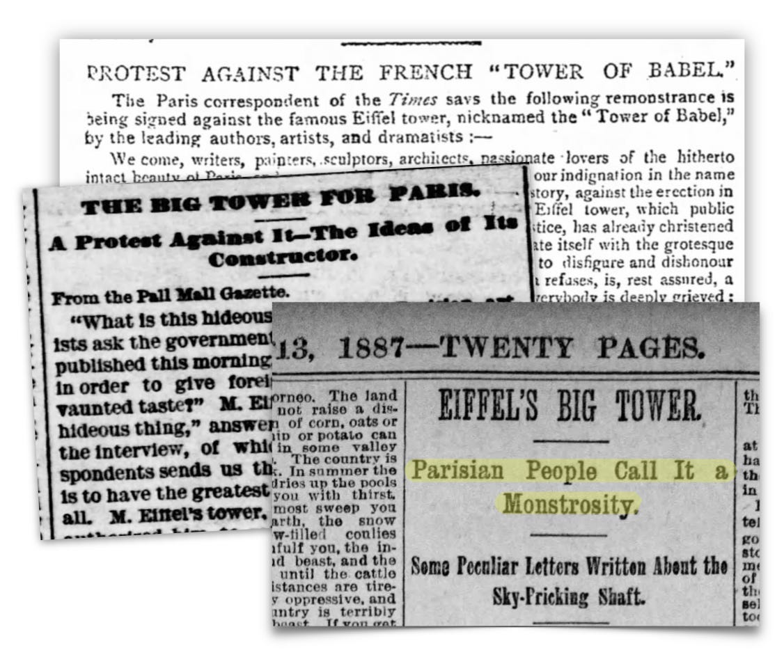 A collage of old newspaper clippings criticizing the Eiffel Tower, with headlines calling it a "monstrosity" and protesting its construction in Paris.