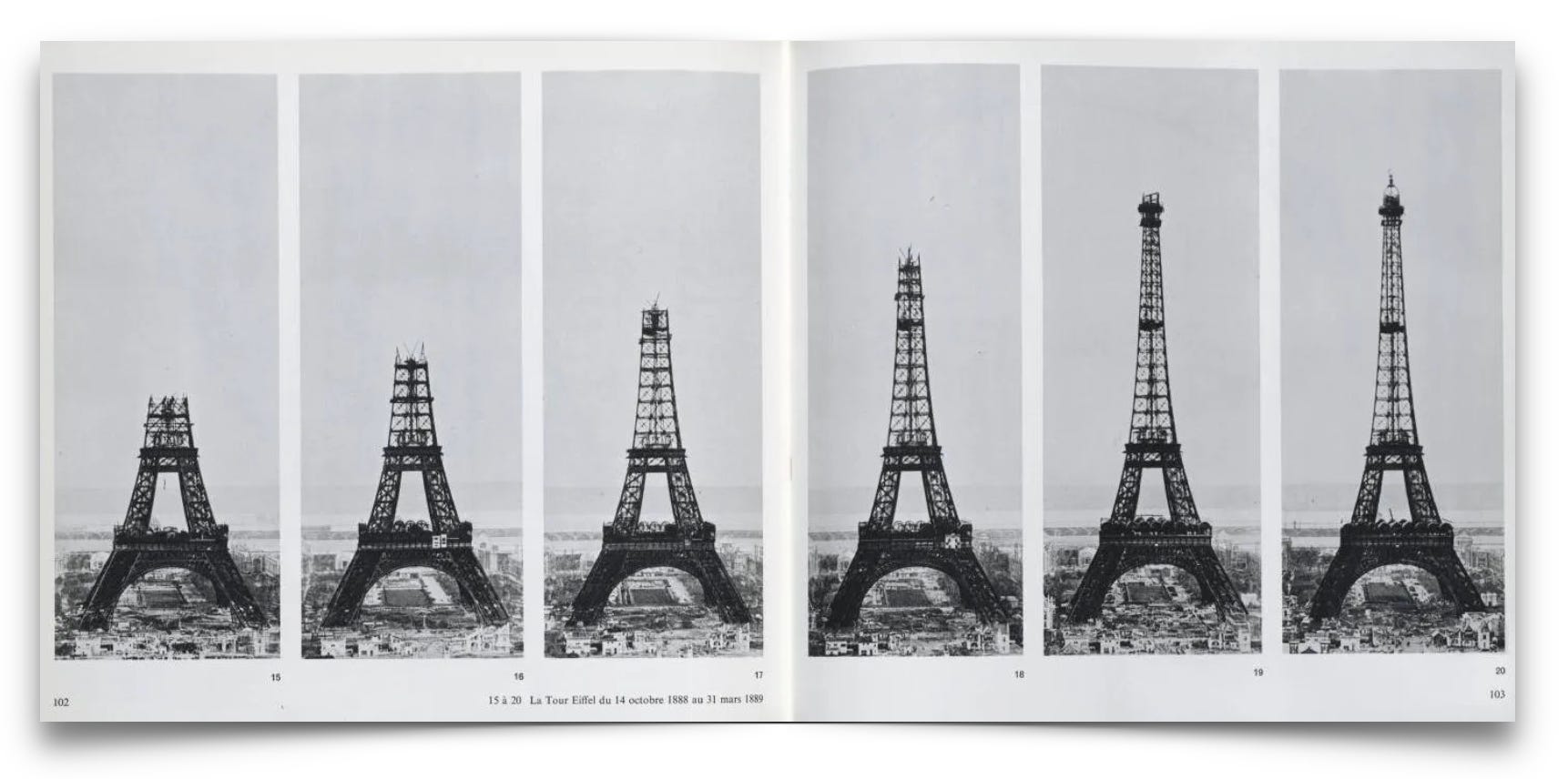 A sequence of six black-and-white photographs shows the construction stages of the Eiffel Tower from its base to completion.