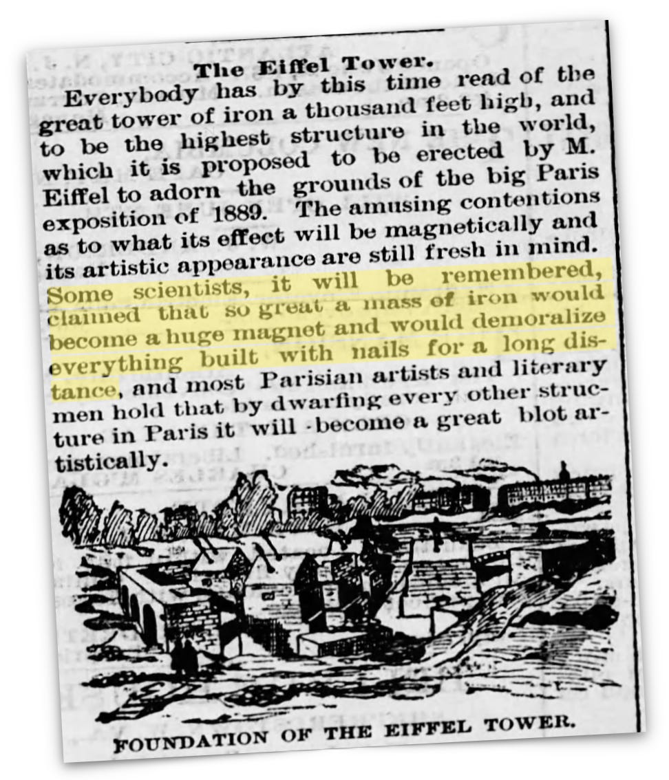 A newspaper clipping discusses the Eiffel Tower's impact, highlighting scientists' concerns about its massive iron structure demagnetizing and destabilizing nearby buildings.