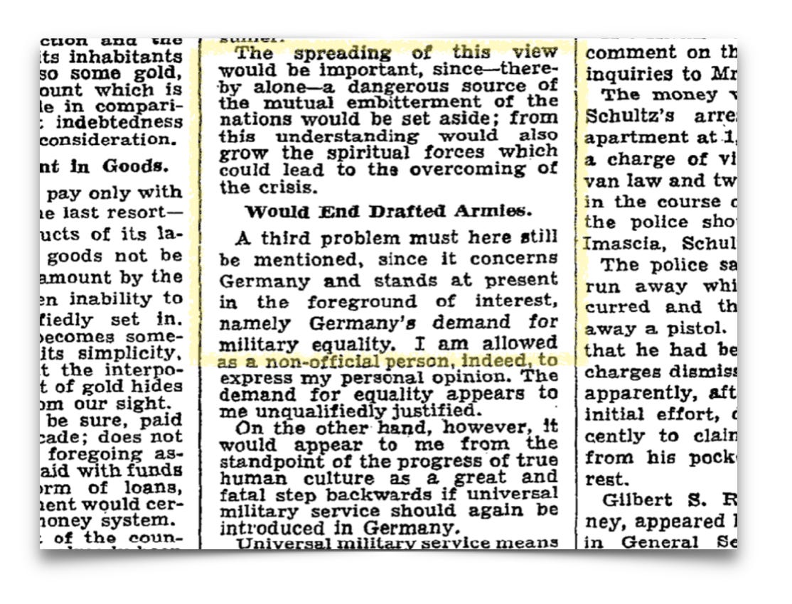 A newspaper clipping discusses the spread of a view on military equality and the implications of allowing women to be drafted as soldiers in Germany.