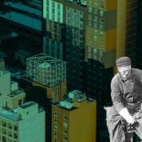 A vintage black-and-white photo of a construction worker on steel beams is overlaid on a modern cityscape with high-rise buildings.