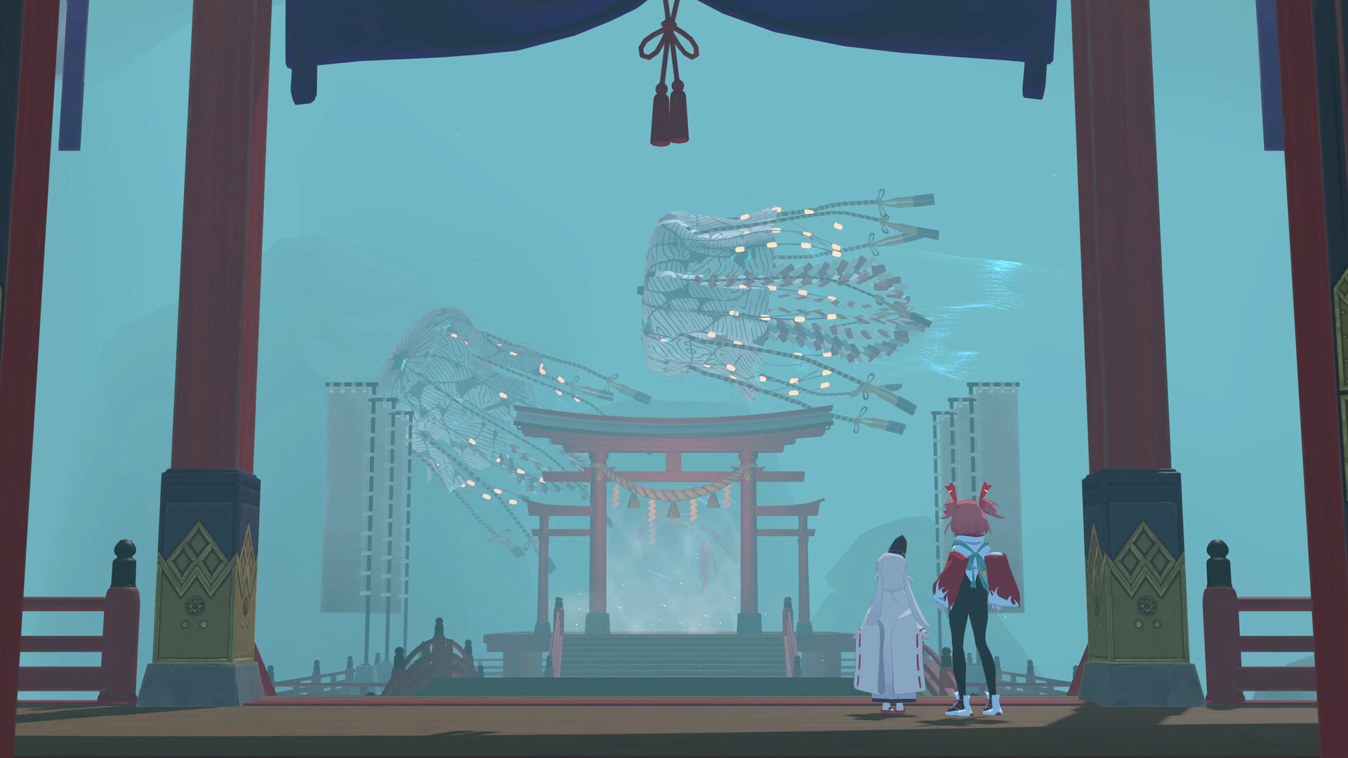 Two characters stand on a platform facing a shrine gate, with ghostly fish-like creatures made of light floating in the sky above.