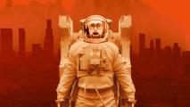 A person in an astronaut suit against an orange-hued cityscape background.