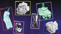 Collage of various crushed recyclables including plastic bottles, aluminum cans, and crumpled paper against a dark background.