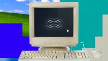 A vintage computer set with a monitor displaying a ripple effect on the screen, placed against a vibrant, abstract background of blue sky, green land, and geometric shapes.