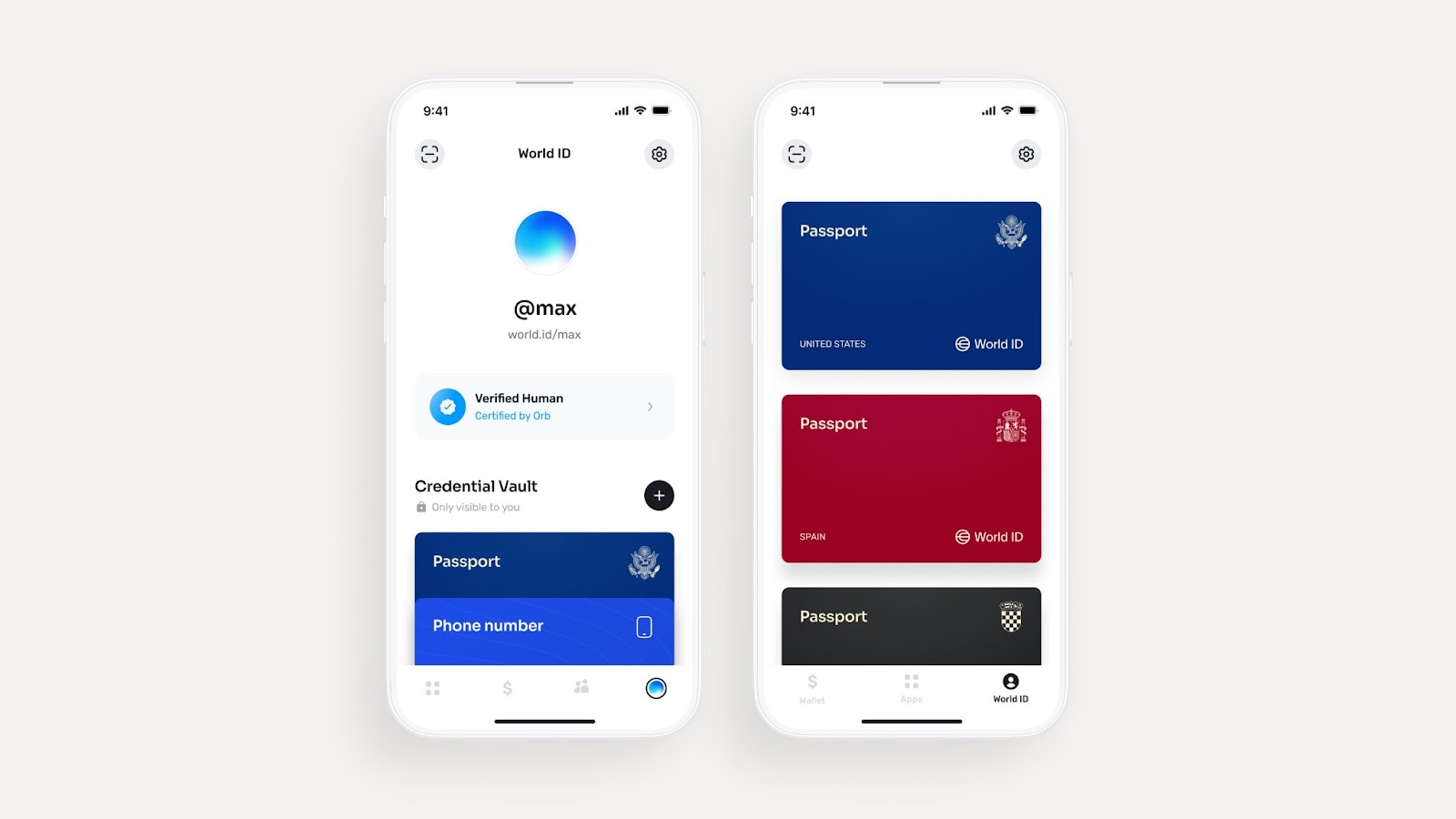 Two smartphone screens display a digital ID app interface showing a verified profile, credentials vault, and multiple digital passports from different countries.