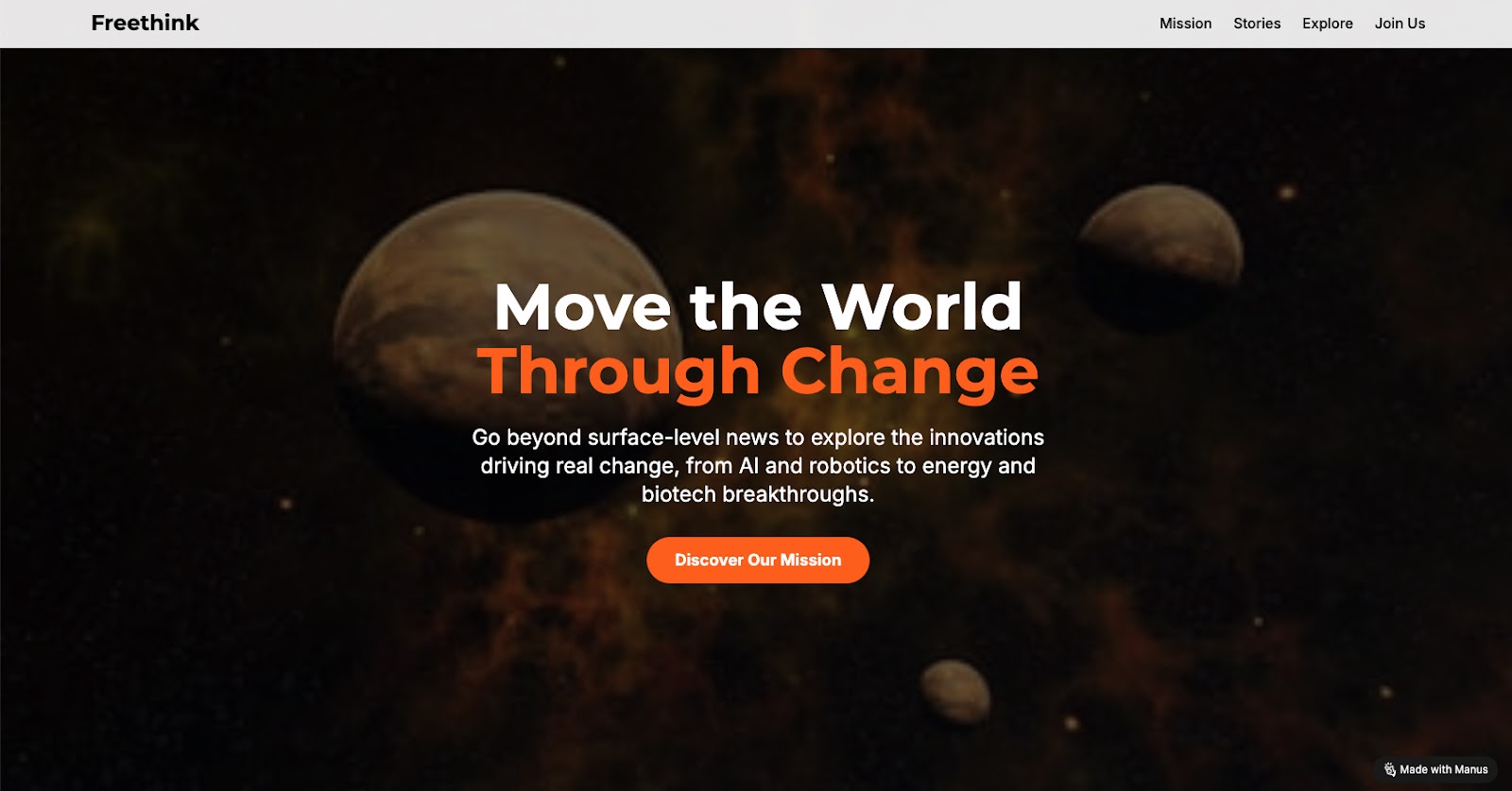 A website homepage with a space-themed background and the headline “Move the World Through Change” above a button labeled “Discover Our Mission.”.