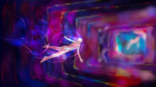 A stylized figure floats through a vibrant, abstract tunnel with swirling colors of purple, blue, and pink.