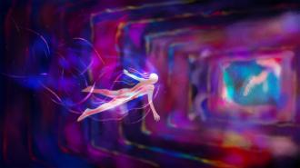 A stylized figure floats through a vibrant, abstract tunnel with swirling colors of purple, blue, and pink.