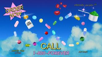A variety of colorful pills and a scoop of green powder float against a blue sky with clouds, featuring promotional text like "ORDER NOW" and "CALL 1-800-FOREVER," highlighting the allure of longevity scams.