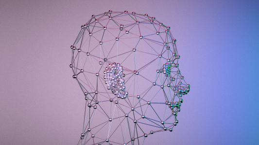 Wireframe 3D model of a human head, inspired by brainspan mapping, made from interconnected nodes and lines against a gradient background with soft purple and blue lighting.