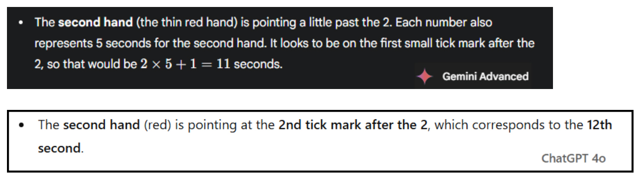 Screenshot comparing two written explanations about a clock&rsquo;s second hand position: one is a detailed paragraph, the other is a concise sentence clarifying the 12th second.