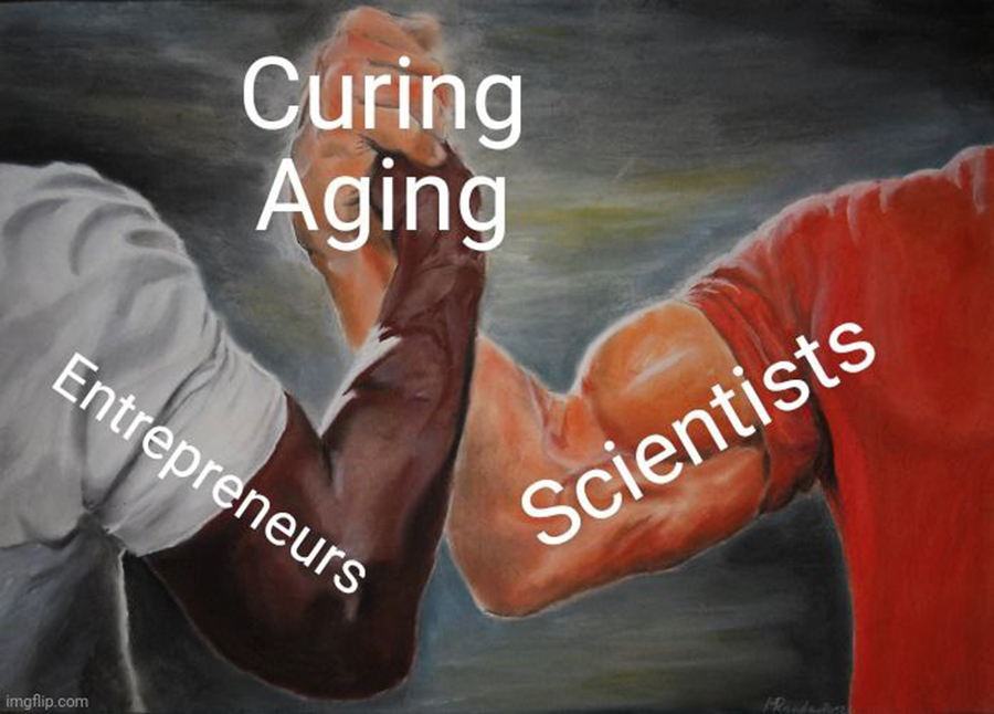 Two muscular arms labeled "Entrepreneurs" and "Scientists" clasp hands, with "Curing Aging" written above, indicating collaboration on this goal.