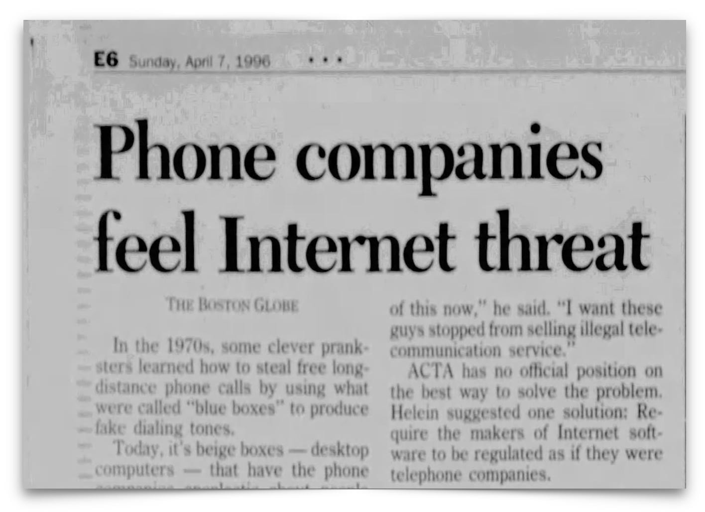 Newspaper headline reads: "Phone companies feel Internet threat," with an article discussing concerns over the rise of Internet technology impacting traditional phone services.