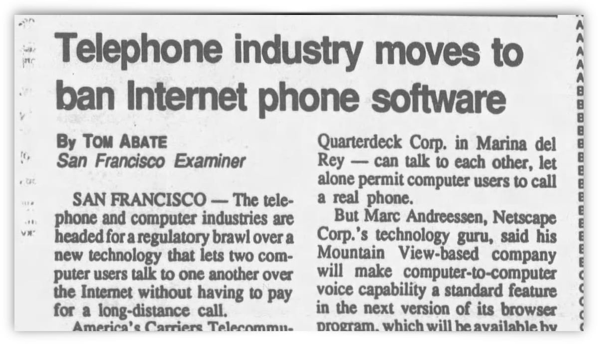 Newspaper article headline reports on the telephone industry's efforts to ban Internet phone software, with details on regulatory concerns and technological developments.