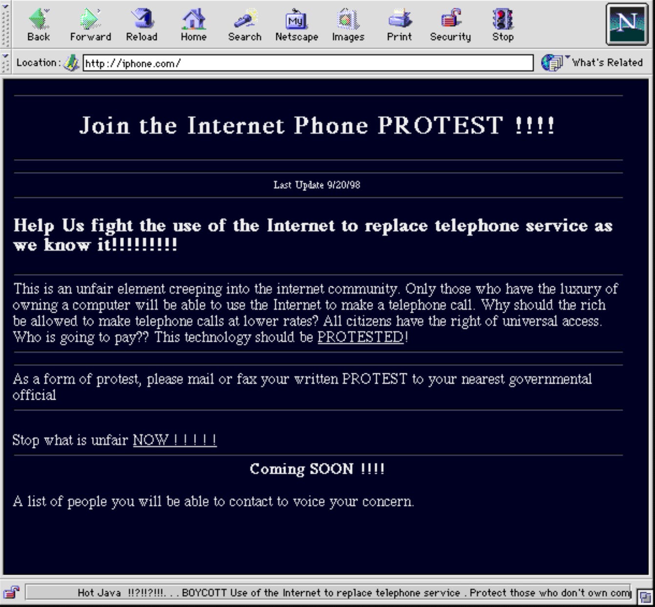 A 1990s web page urges users to protest against internet phone services replacing traditional telephones, highlighting concerns about fairness and universal access.