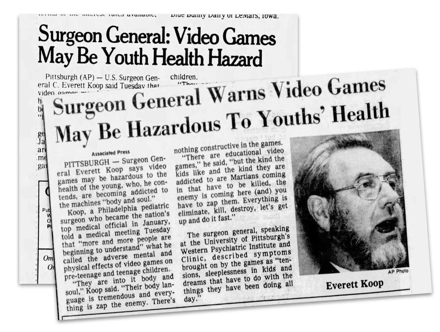 Two overlapping newspaper clippings report Surgeon General Everett Koop warning that video games may be hazardous to youths' health, with a photo of Koop on the right.