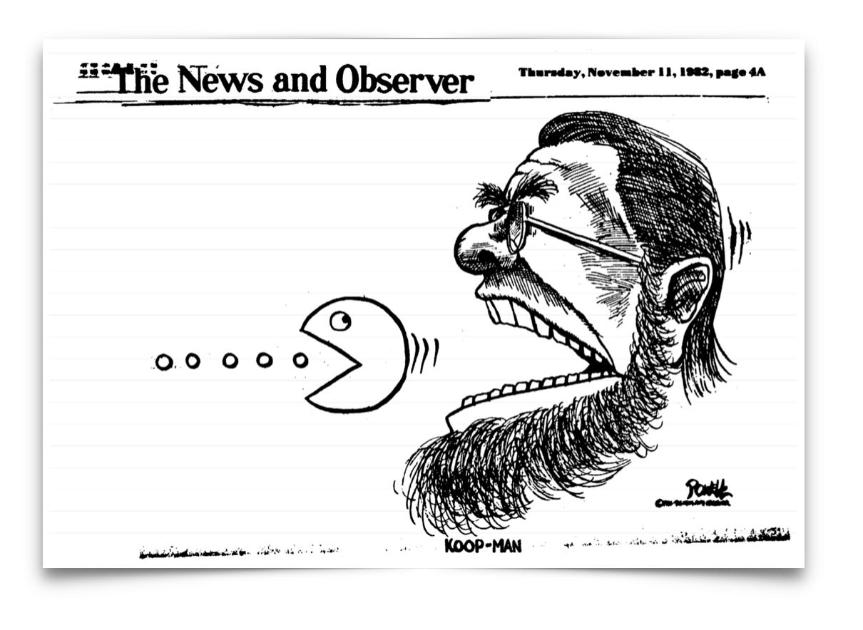 Black-and-white cartoon of a Pac-Man figure about to eat a man's open-mouthed head with glasses and a beard, labeled "KOOP-MAN"; newspaper masthead visible at top.