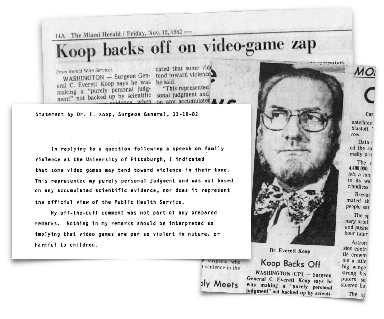 A newspaper clipping titled "Koop backs off on video-game zap" with an inset statement from Dr. C. Everett Koop clarifying his remarks on video games and violence.