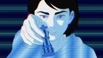 A person holding a chess piece, depicted in a stylized blue-toned digital art with horizontal glitch lines.