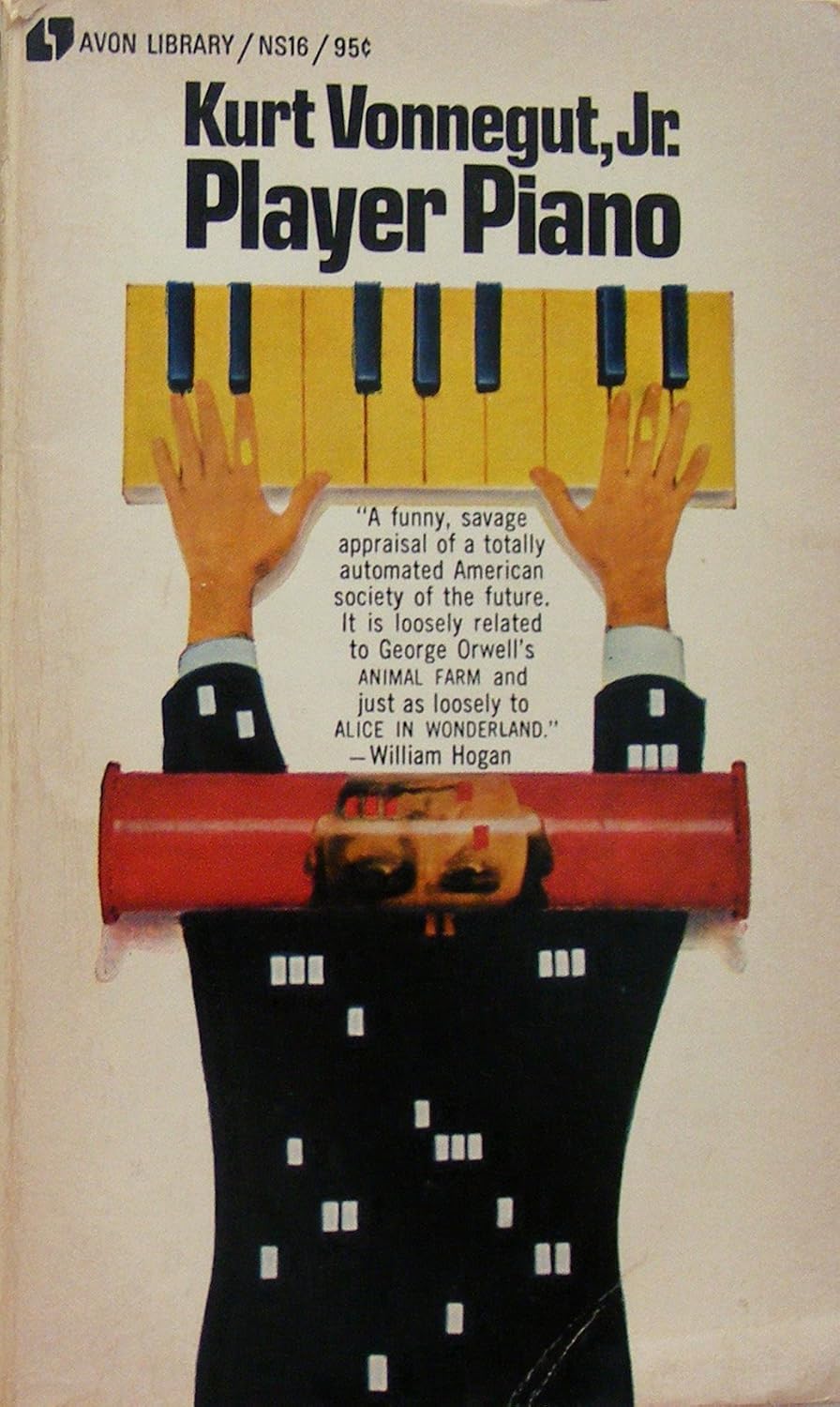 Book cover of "Player Piano" by Kurt Vonnegut, Jr. featuring a person with piano keys for hands and buildings on their suit, holding a red cylinder above their head.