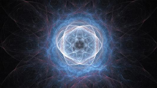 Circular abstract pattern with intricate, intertwined blue and white swirling lines forming a radiant, symmetrical design against a dark background.