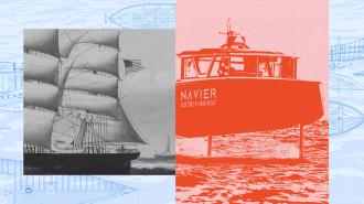 Split image showing a vintage sailing ship with an American flag on the left, and a modern electric boat labeled "NAVIER" on the right. Background features boat blueprint sketches.