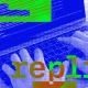 A person types on a laptop keyboard with the text "replit" displayed prominently over the image, along with colorful geometric shapes.