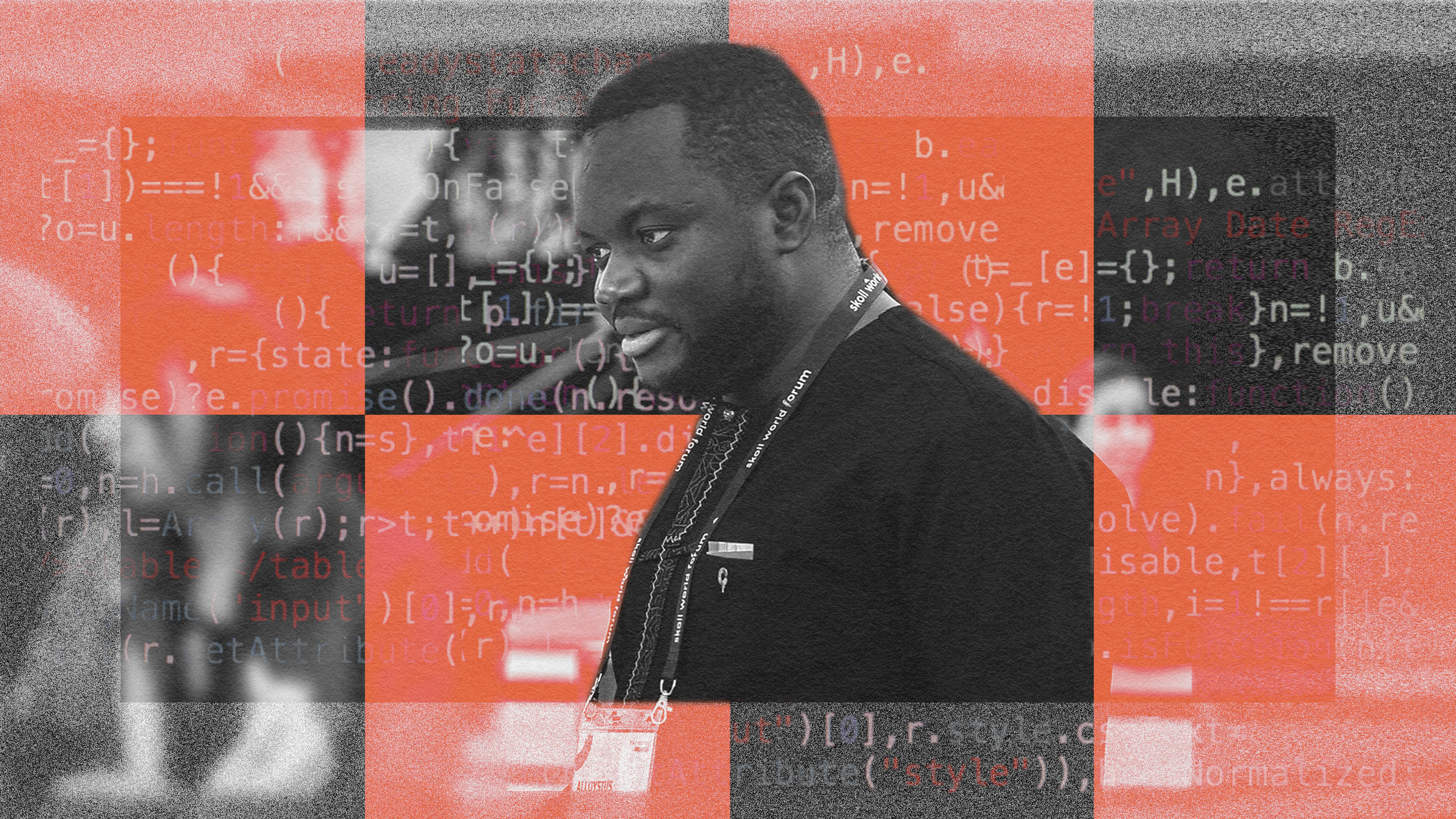 Man wearing a lanyard, surrounded by programming code overlay, looks focused in a tech-themed montage.