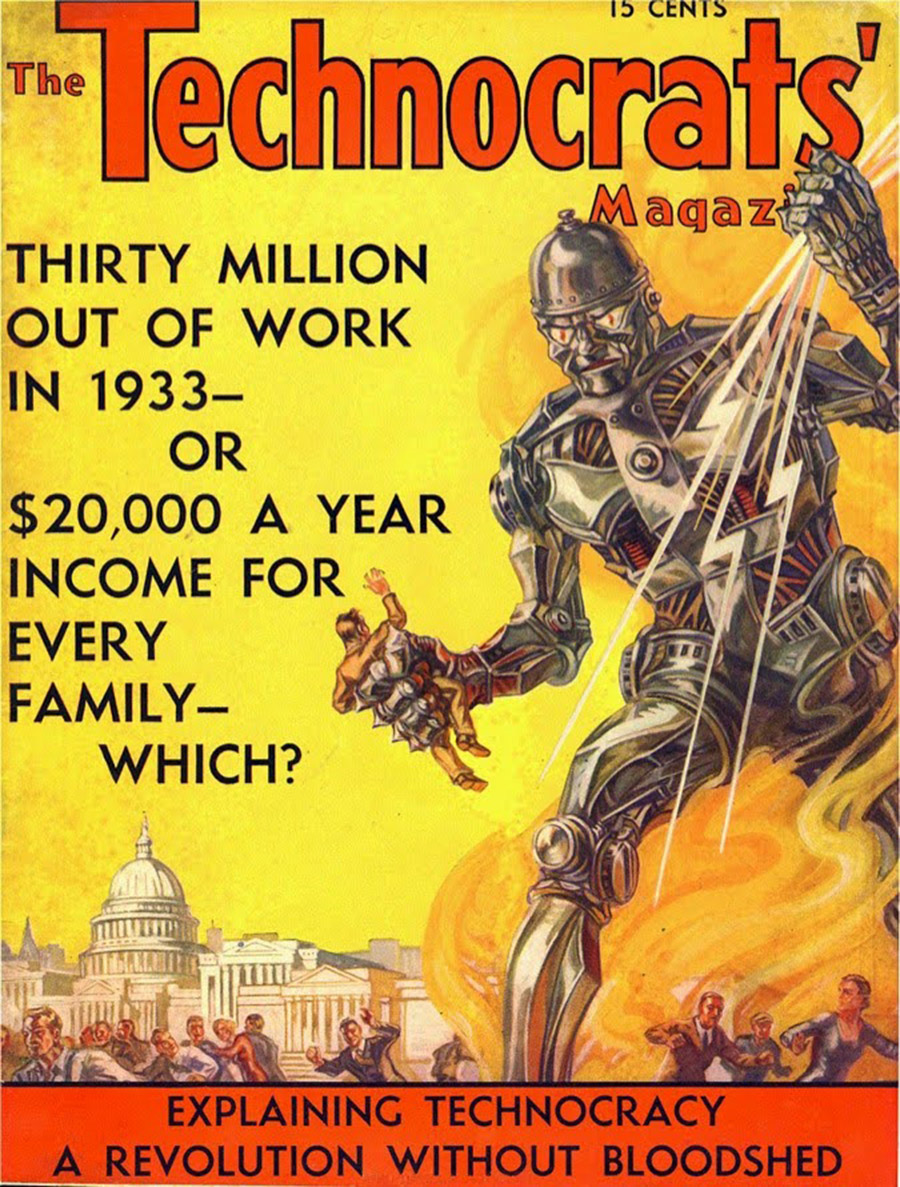 Illustrated magazine cover shows a giant robot holding people above government buildings, with text discussing unemployment in 1933 and promoting technocracy as a solution.