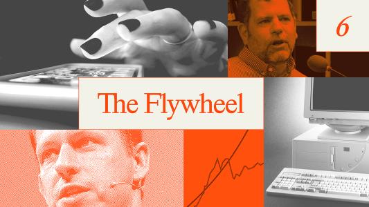 A collage featuring a hand using a smartphone, two men speaking into microphones, a vintage desktop computer, and a graph, with the text "The Flywheel" in the center.
