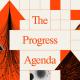 Abstract collage with arrows, a person skating, a woman using a microscope, scientific illustrations, and the text "The Progress Agenda 11" on a grid background.