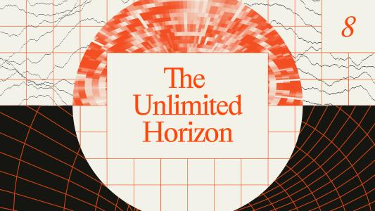 Abstract geometric design with red and black grid patterns, a central white rectangle displaying the text "The Unlimited Horizon," and the number 8 in the top right corner.