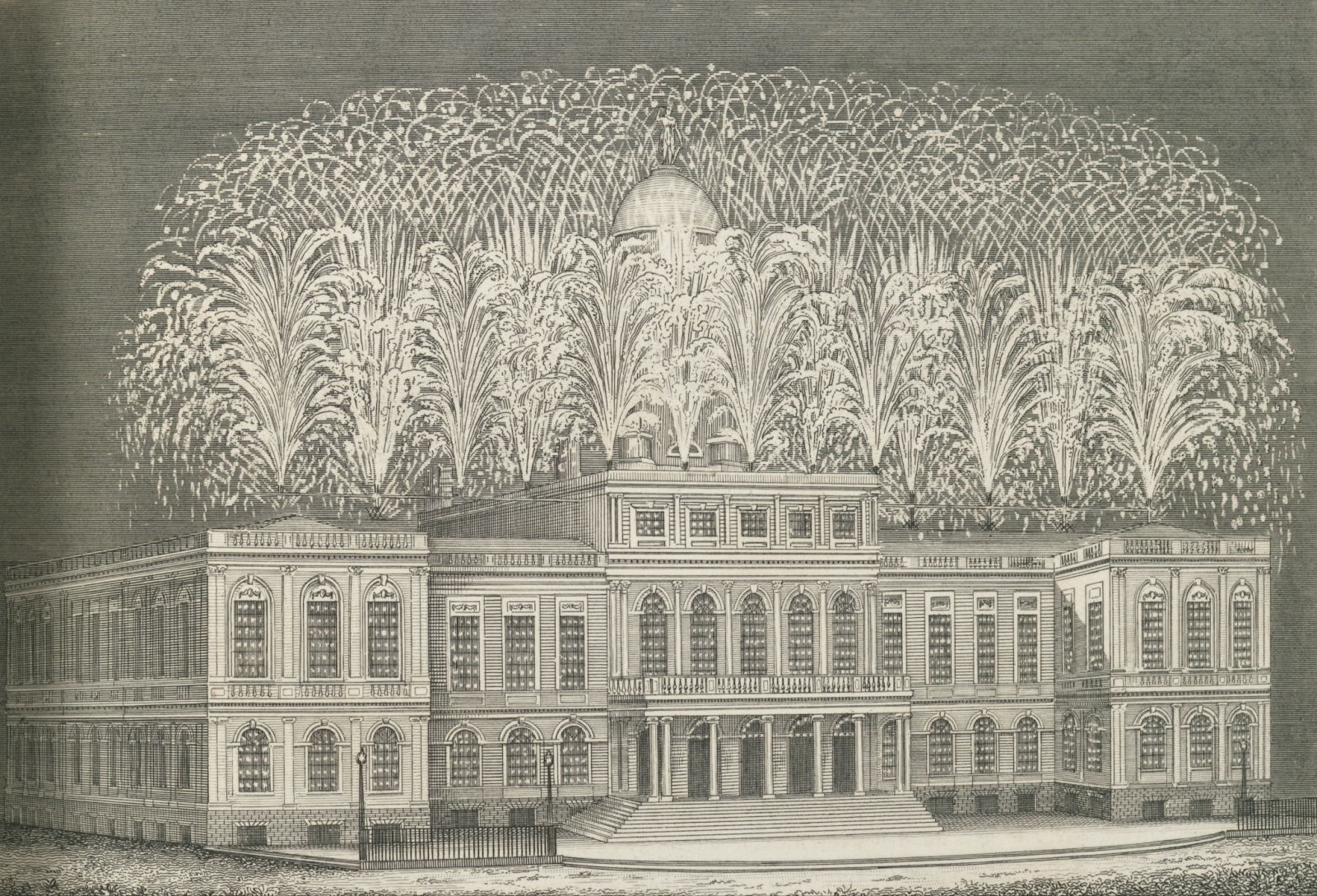 An illustration of a large, ornate building with symmetrical architecture, as fireworks burst in arcs above the roof.