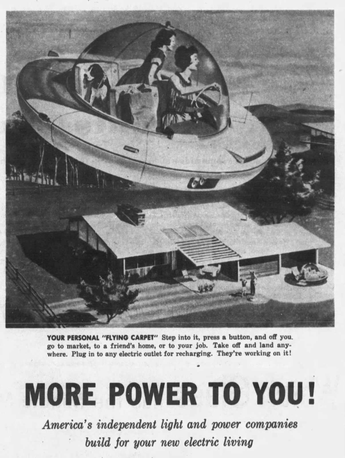 A futuristic flying saucer with a family inside hovers above a modern home; the text promotes electric-powered personal flying cars and electric living.