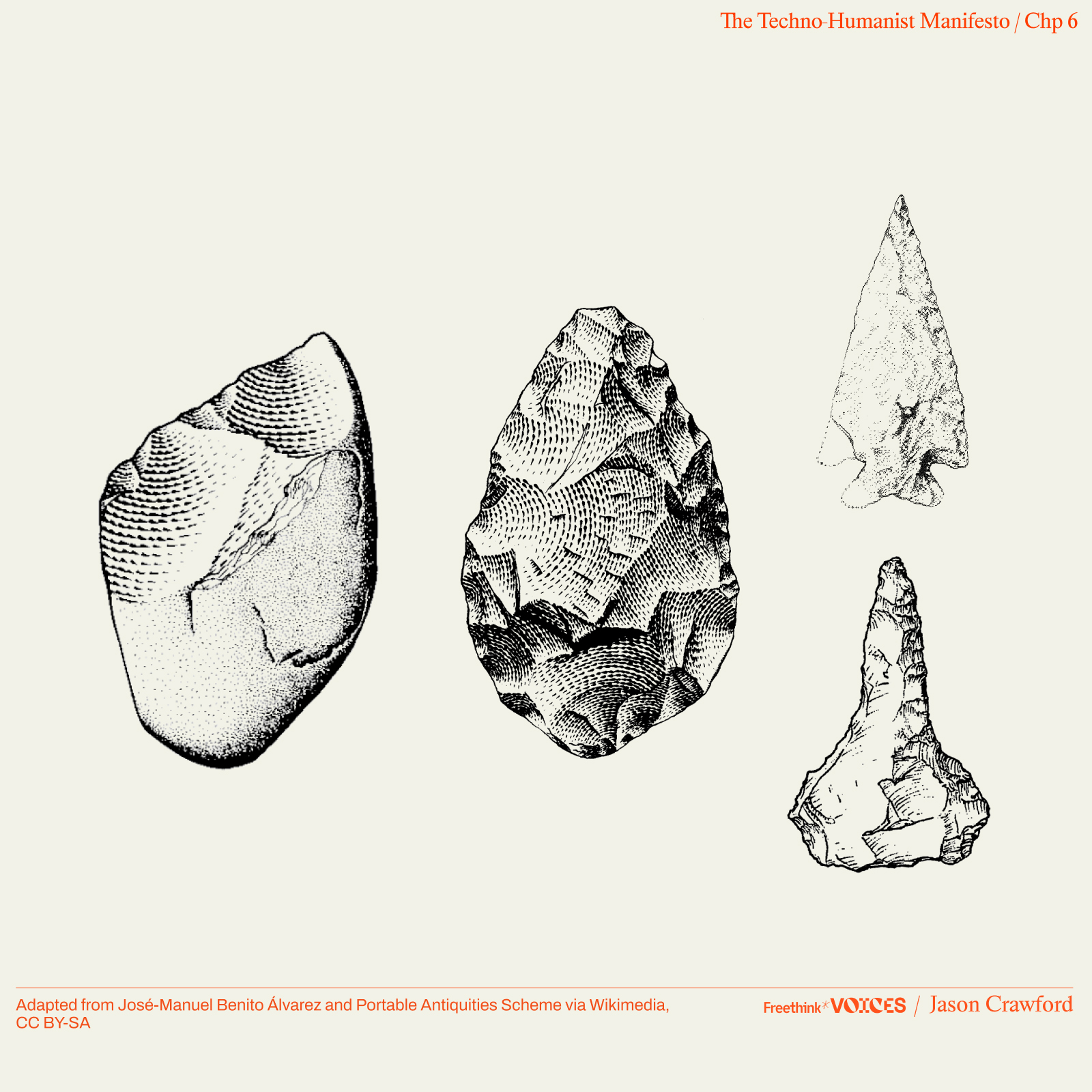 Four detailed black-and-white illustrations of prehistoric stone tools are arranged on a pale background.