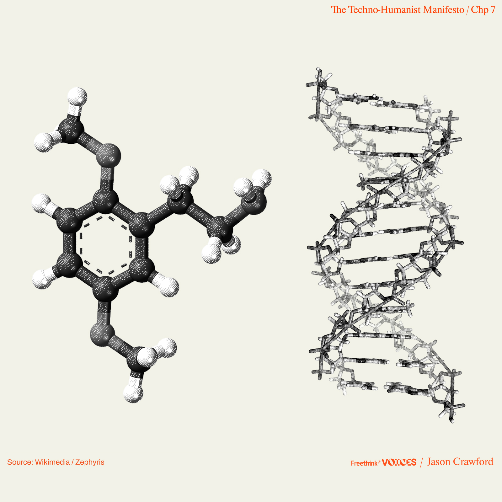 A ball-and-stick model of a benzene molecule is shown on the left, and a DNA double helix structure is depicted on the right.