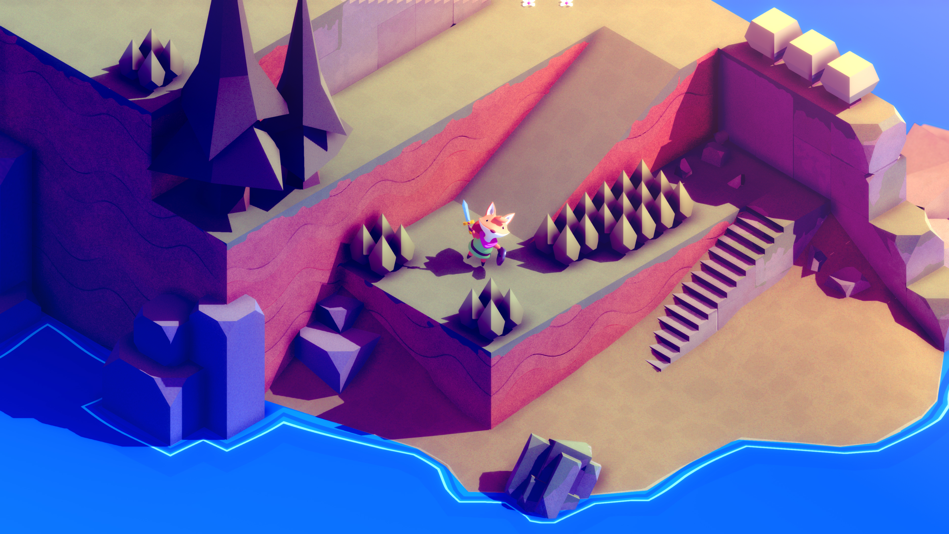 A low-poly video game scene shows a fox-like character with a sword standing among trees on a cliffside near stairs, with water visible below.