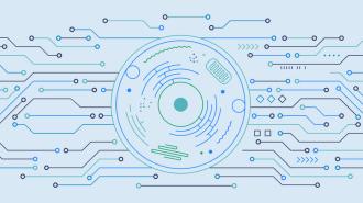 Abstract illustration of a circular electronic component surrounded by interconnected circuit lines and geometric shapes on a light blue background.