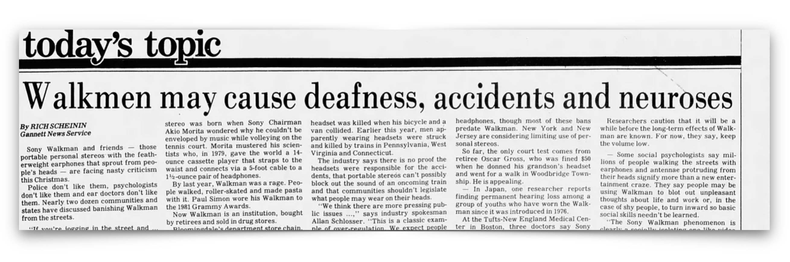A newspaper headline reads “Walkmen may cause deafness, accidents and neuroses," with columns of text discussing potential health risks of using Walkman devices.
