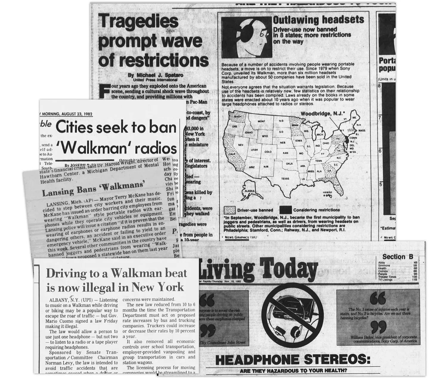 A collage of newspaper clippings from the 1980s about proposed and enacted restrictions on Walkman radios and headphone use, featuring headlines, a U.S. map, and health concerns.