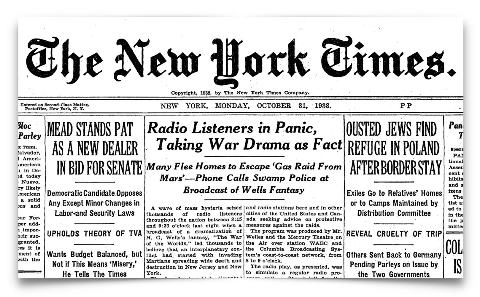 Front page of The New York Times from October 31, 1938, with the headline about public panic over the "War of the Worlds" radio broadcast.