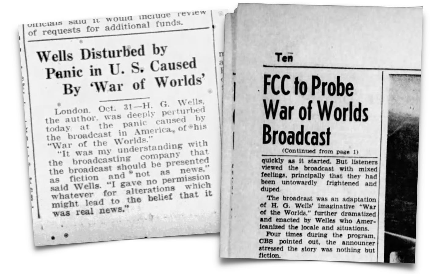 Two vintage newspaper clippings report public panic and FCC investigation after the U.S. radio broadcast of "War of the Worlds" by H.G. Wells.