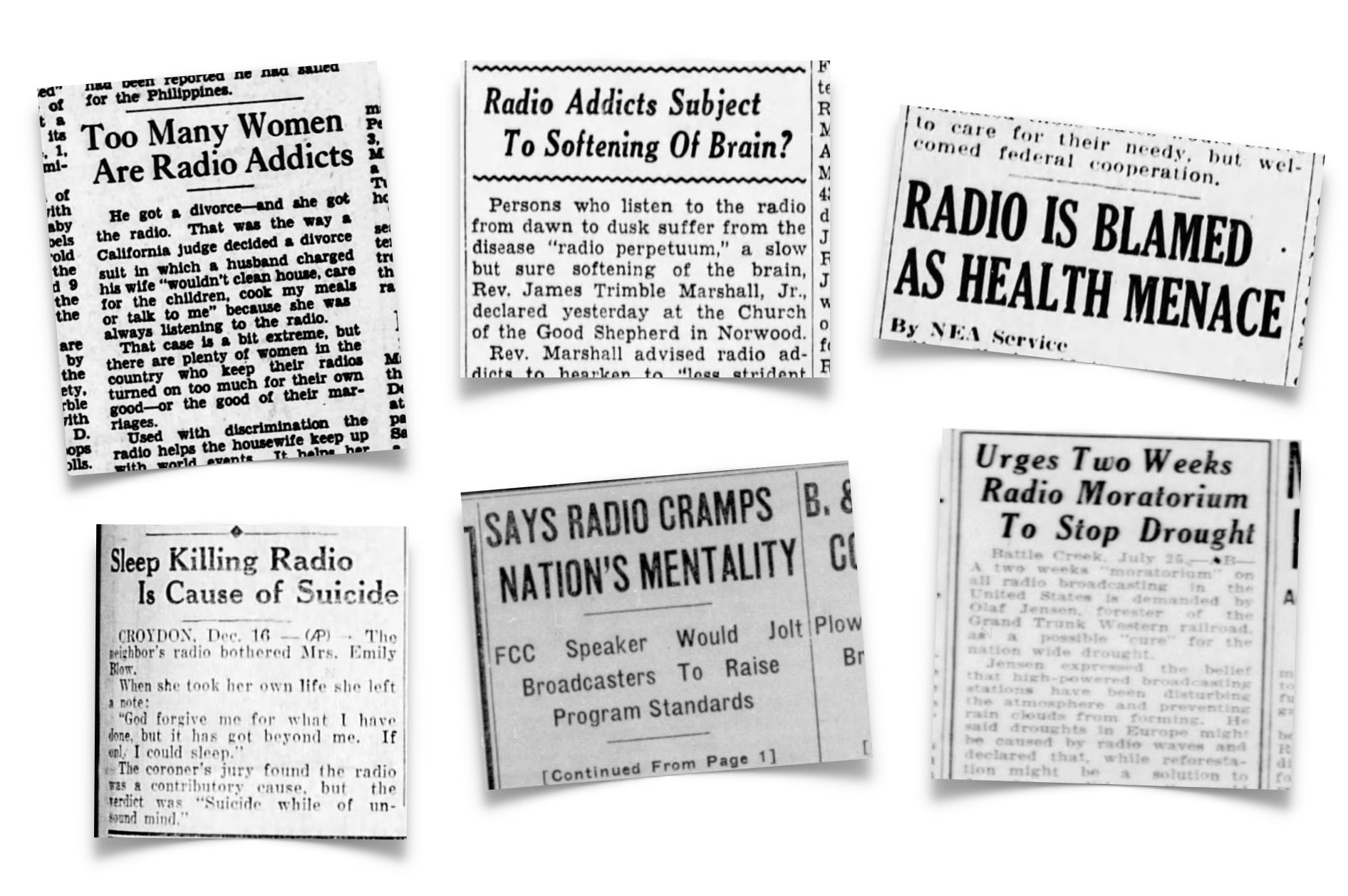A collage of vintage newspaper headlines expressing concerns and warnings about the negative effects of radio on health and society.