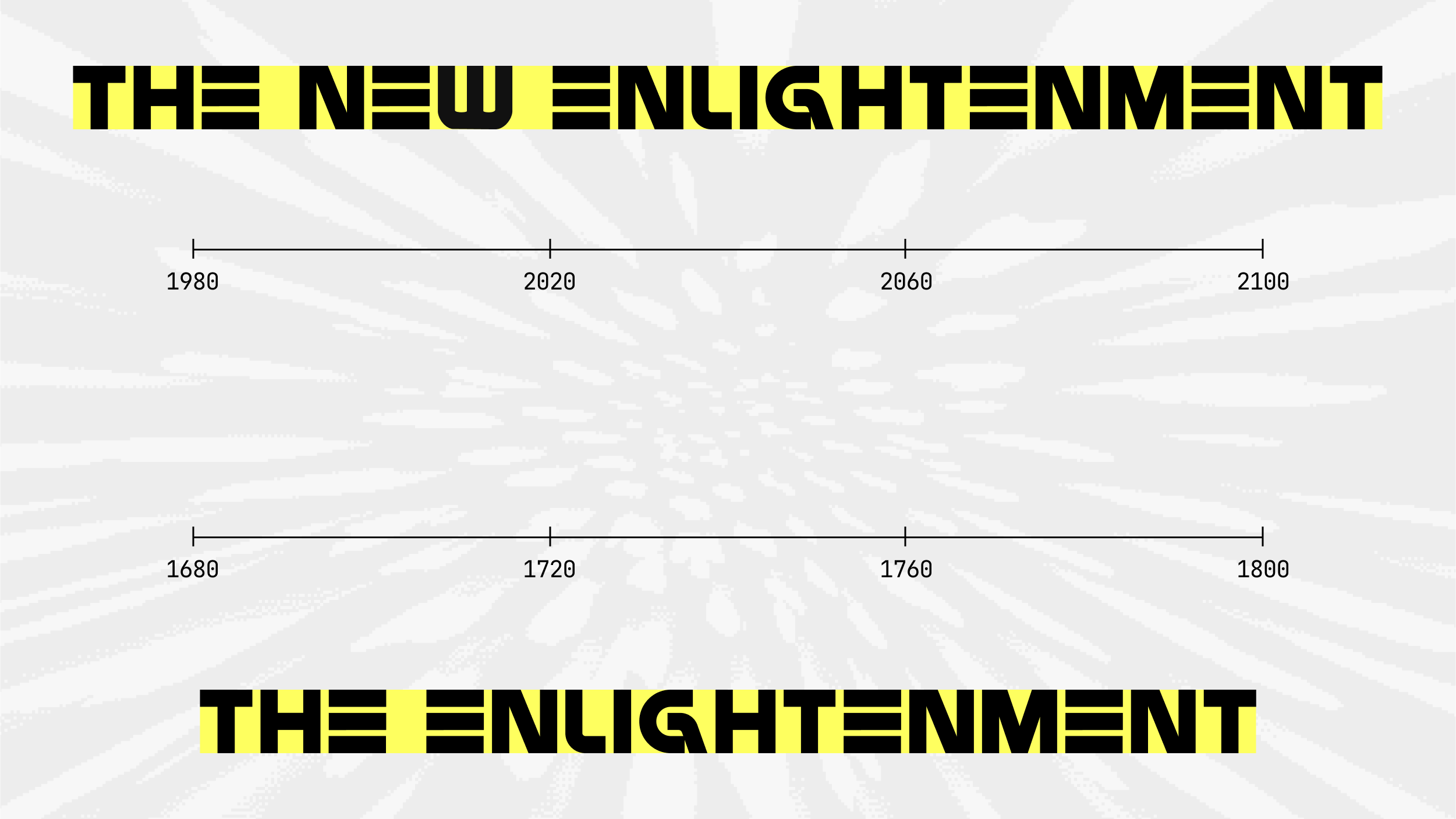 A timeline graphic labeled "The New Enlightenment" (1980–2100) and "The Enlightenment" (1680–1800) with stylized black and yellow text on a patterned background.