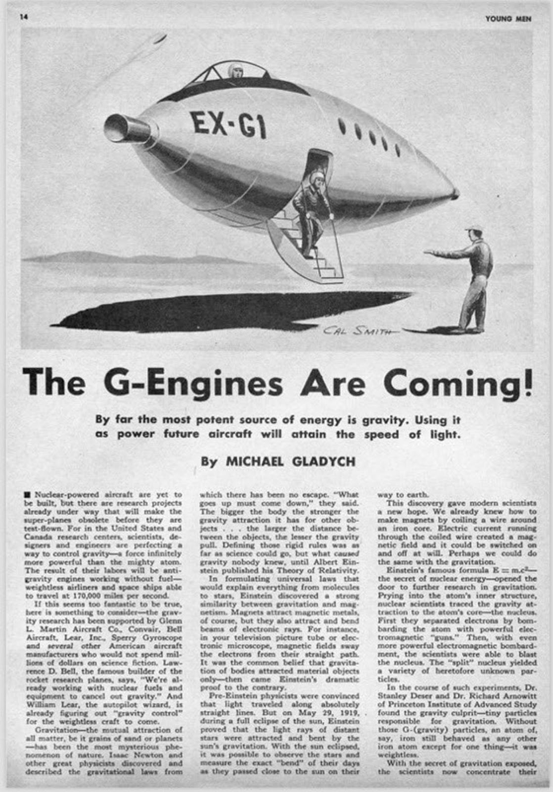 A vintage magazine page shows an illustration of a futuristic aircraft labeled "EX-G1" with a man standing at its door, and an article titled "The G-Engines Are Coming!" by Michael Gladych.