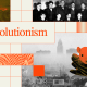 Collage with "Solutionism" text, vintage portraits, smoggy cityscape, glove holding a white mouse, and the number 5, featuring orange and beige geometric patterns.