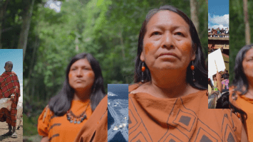 Two women in patterned clothing stand in a forest. Aerial and crowd images are overlaid.